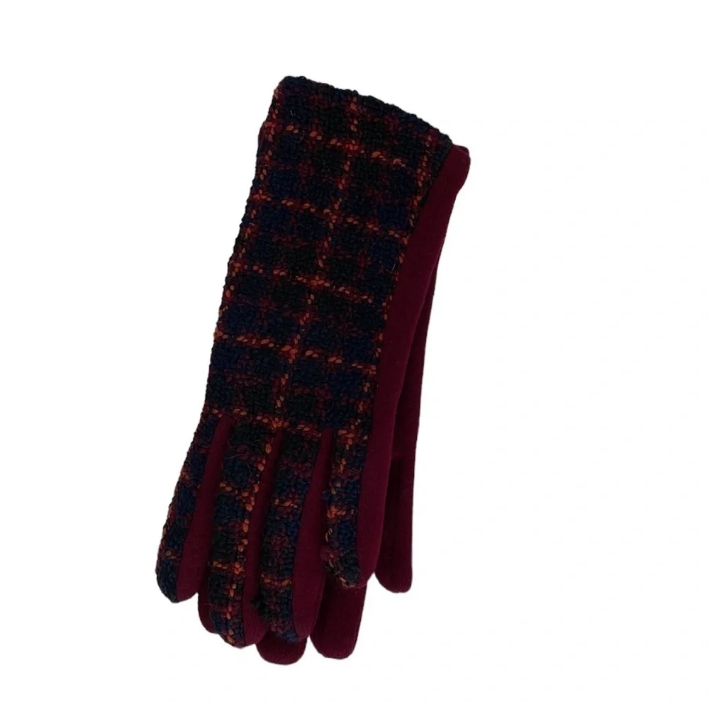 TPO Fashion Gloves NWT Smartphone Touch Maroon Blue Checkered Print Small S